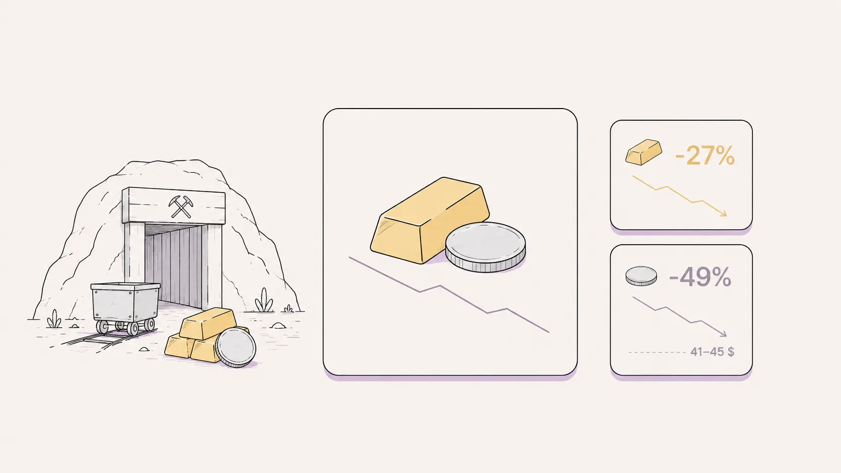 Goldbarren und Silbermünzen auf dunklem Schreibtisch. Symbol für die Korrektur bei Gold und Silber 2026