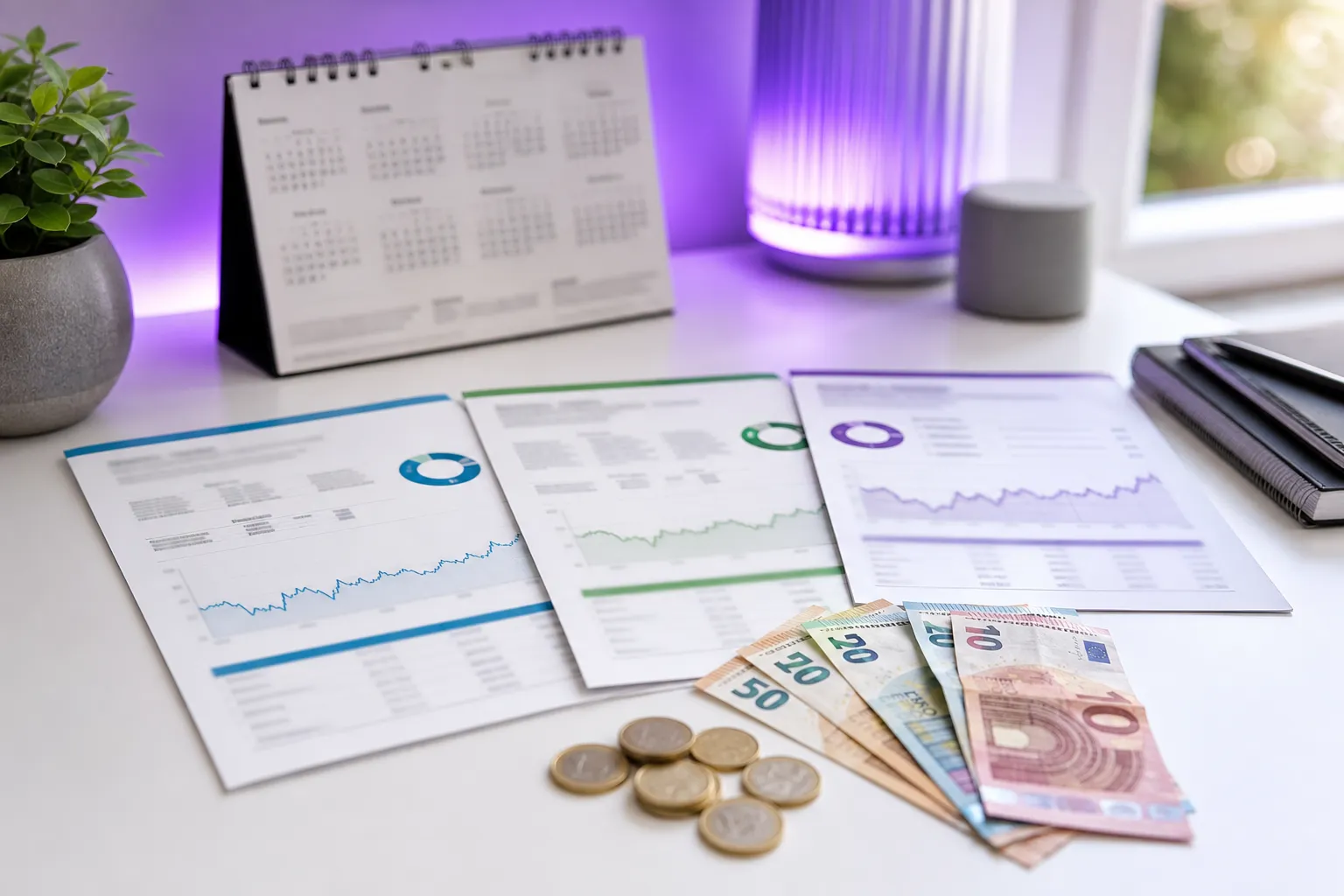 Kalender, Portfolio-Unterlagen und Euro-Bargeld auf dem Schreibtisch – Symbol für monatliche Dividenden mit drei ETFs