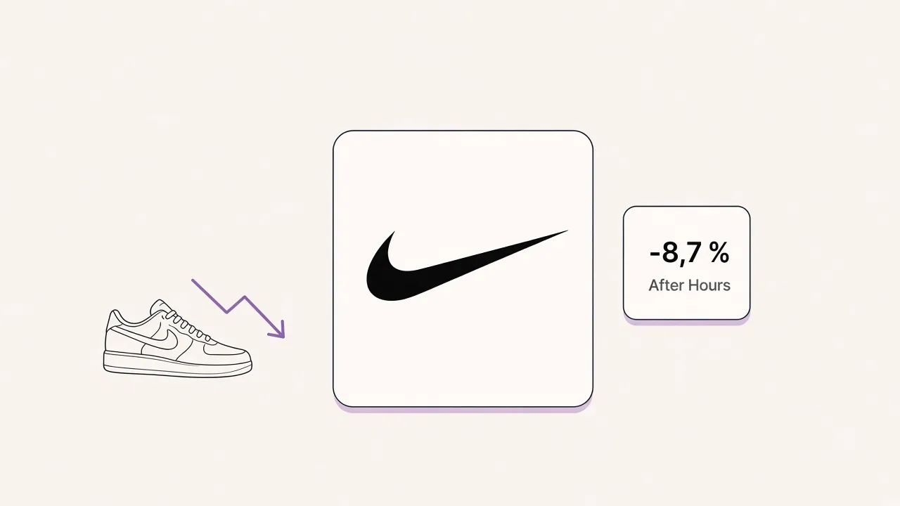 Nike-Swoosh auf einer Karte, daneben fallender Pfeil und After-Hours-Minus