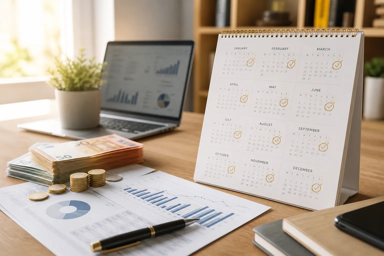 Kalender, Euro-Bargeld und Portfolio-Charts auf dem Schreibtisch – Symbol für monatliche Dividenden und passives Einkommen