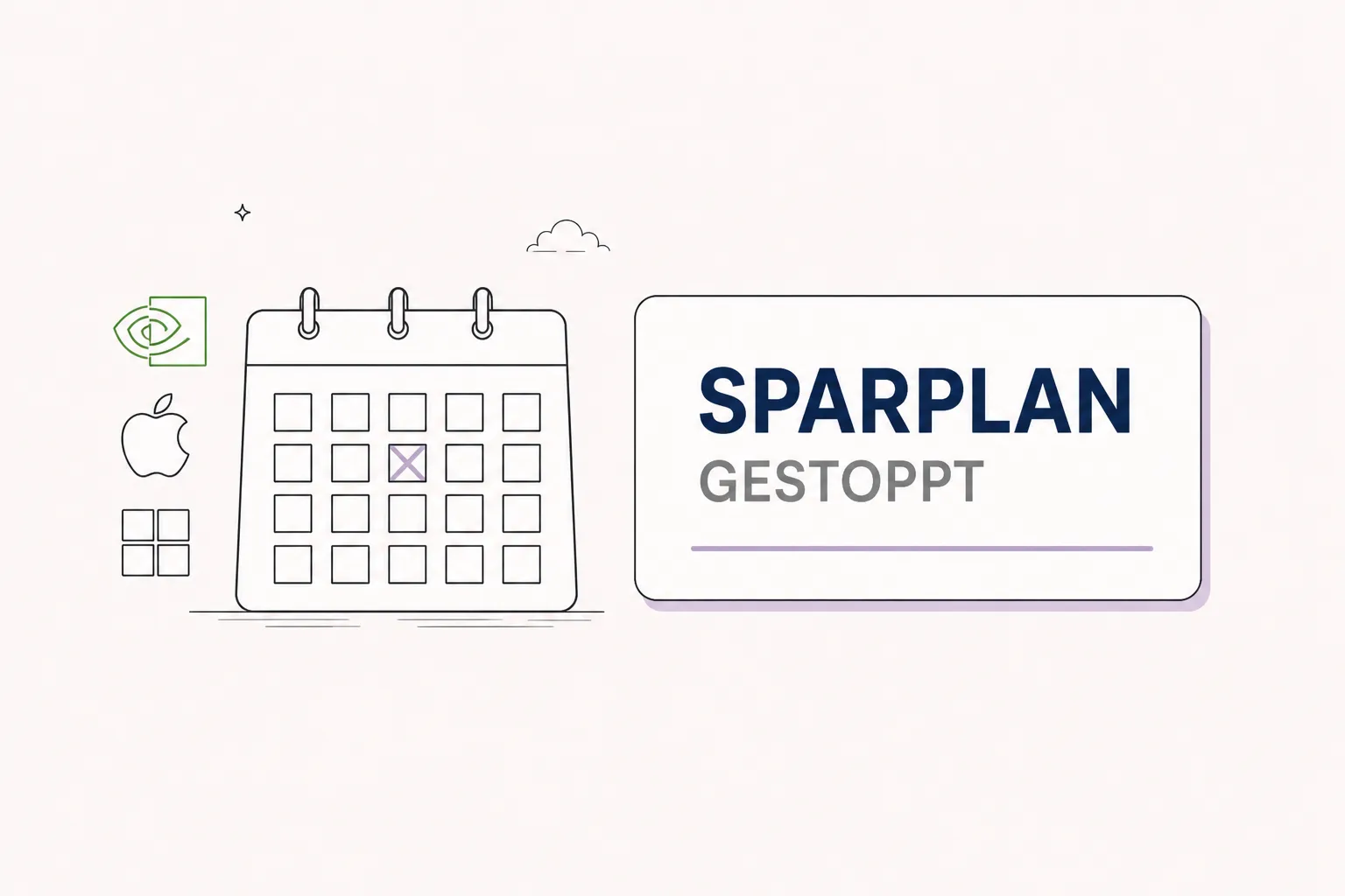 Illustration: pausierter ETF-Sparplan mit Tech-Aktienlogos