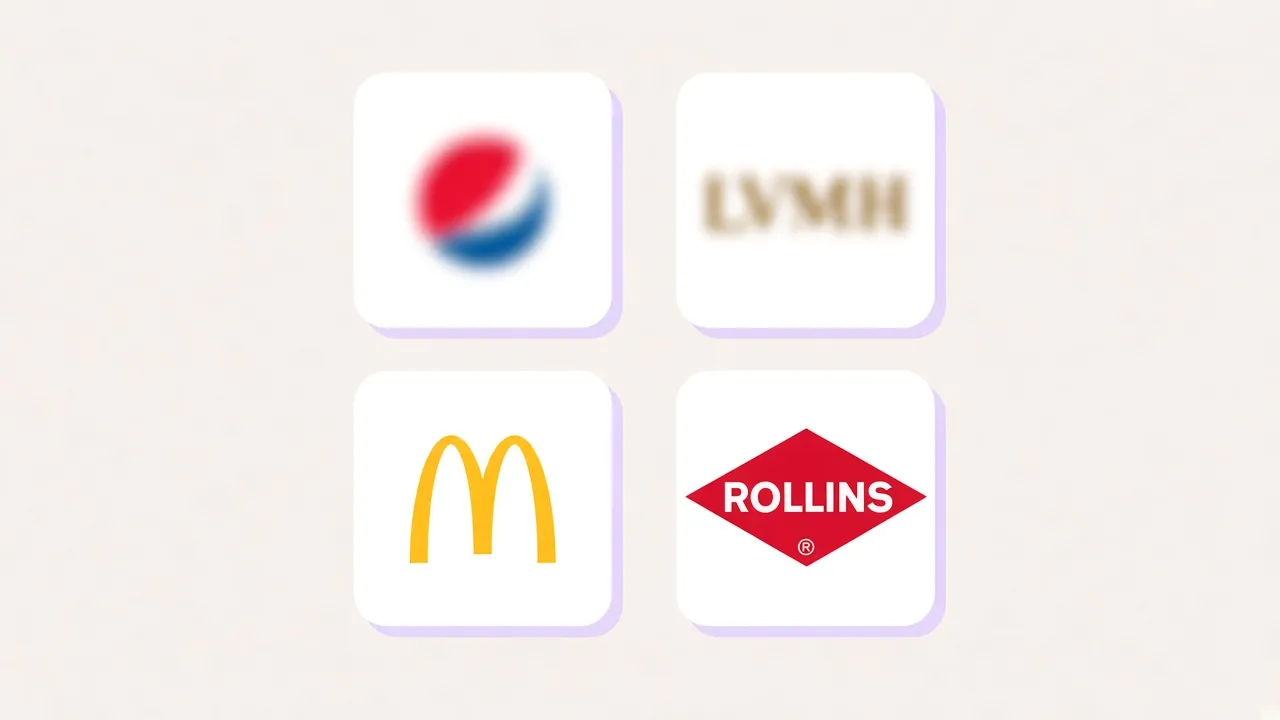 Newsletter-Cover: vier Aktien-Logos in einer Kachel-Grid, McDonald’s und Rollins scharf, PepsiCo und LVMH unscharf
