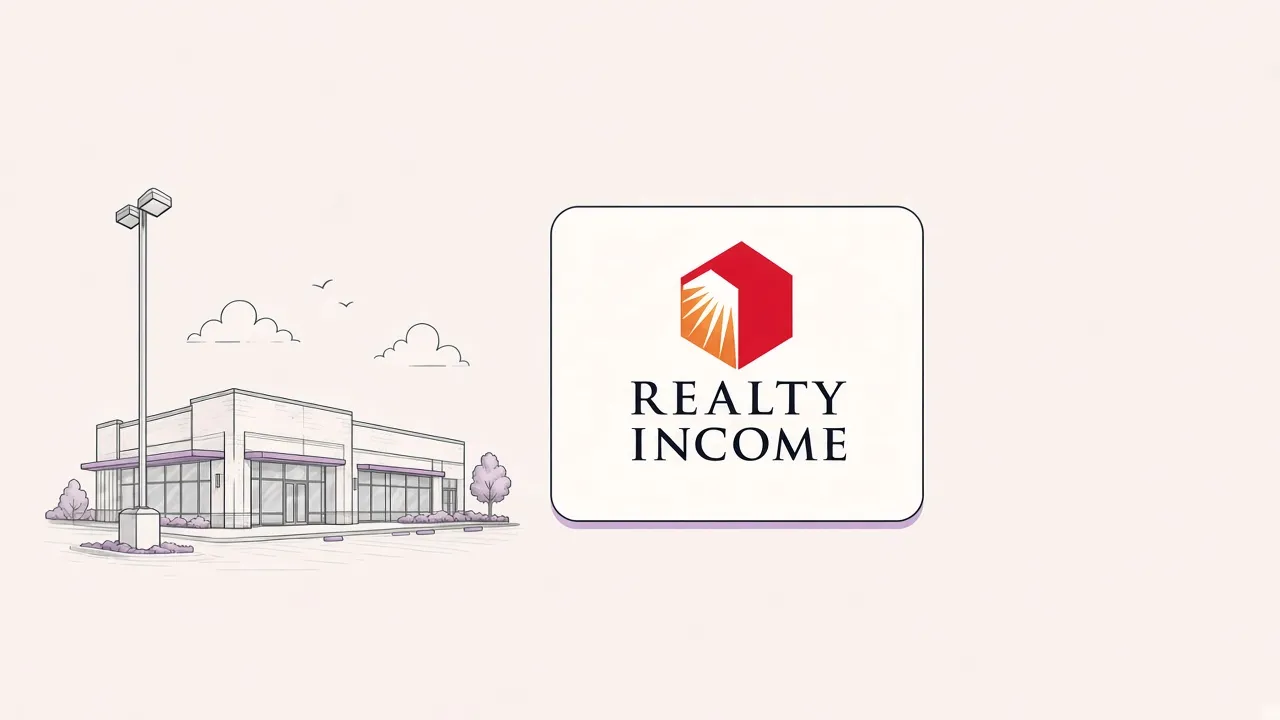 Gewerbeimmobilie als Line-Art neben Realty-Income-Logo