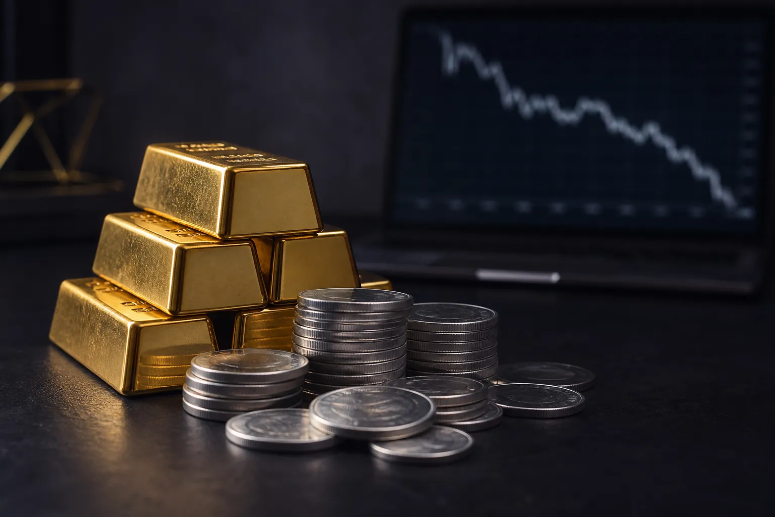 Goldbarren und Silbermünzen auf dunklem Schreibtisch – Symbol für die Korrektur bei Gold und Silber 2026