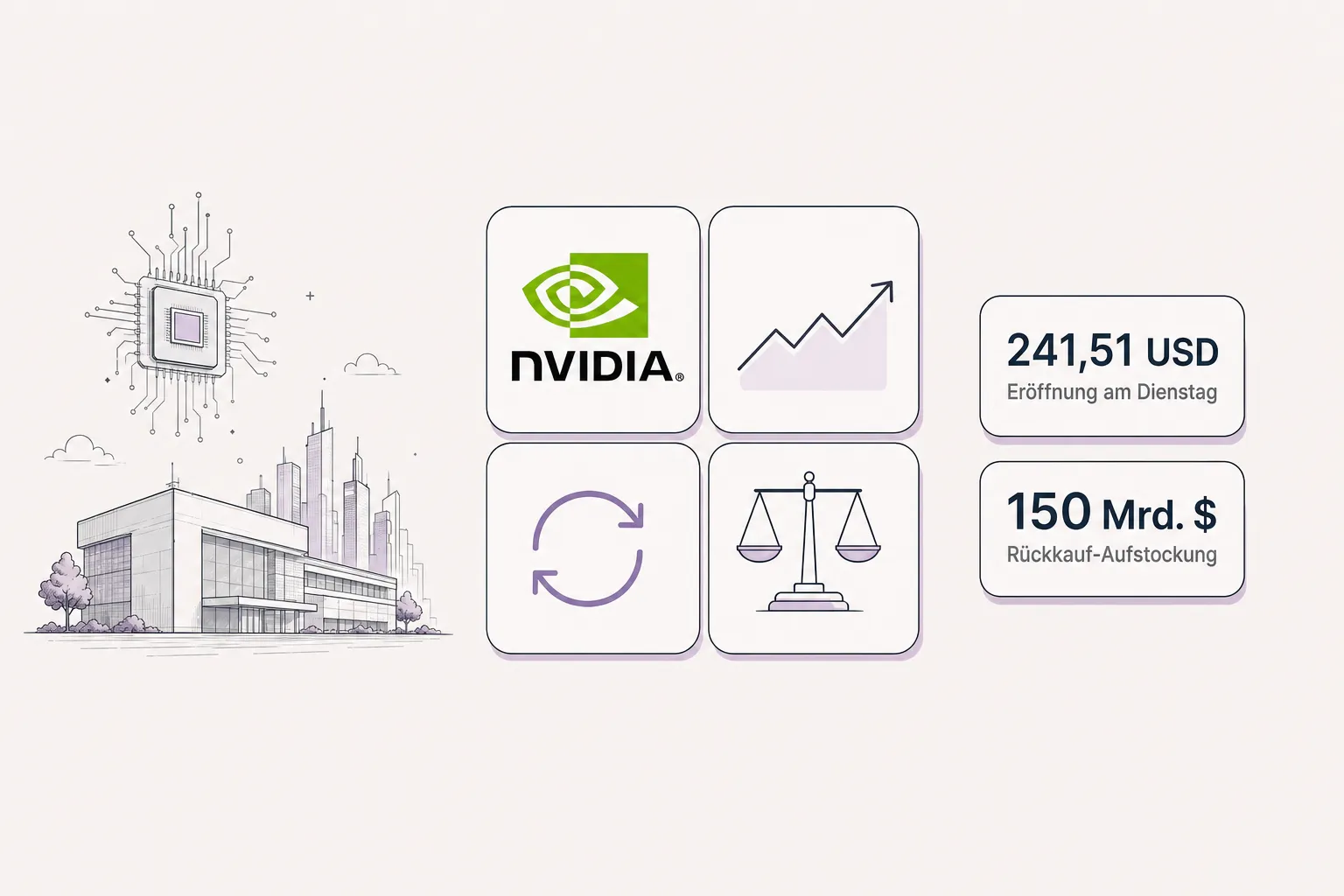 Ein Nvidia-Grafikchip auf einer Leiterplatte, darüber ein steigender Kursverlauf.
