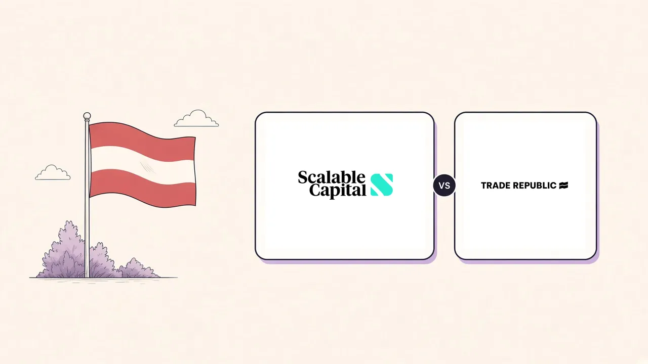 Scalable Capital und Trade Republic Logos neben stilisierter Österreich-Fahne